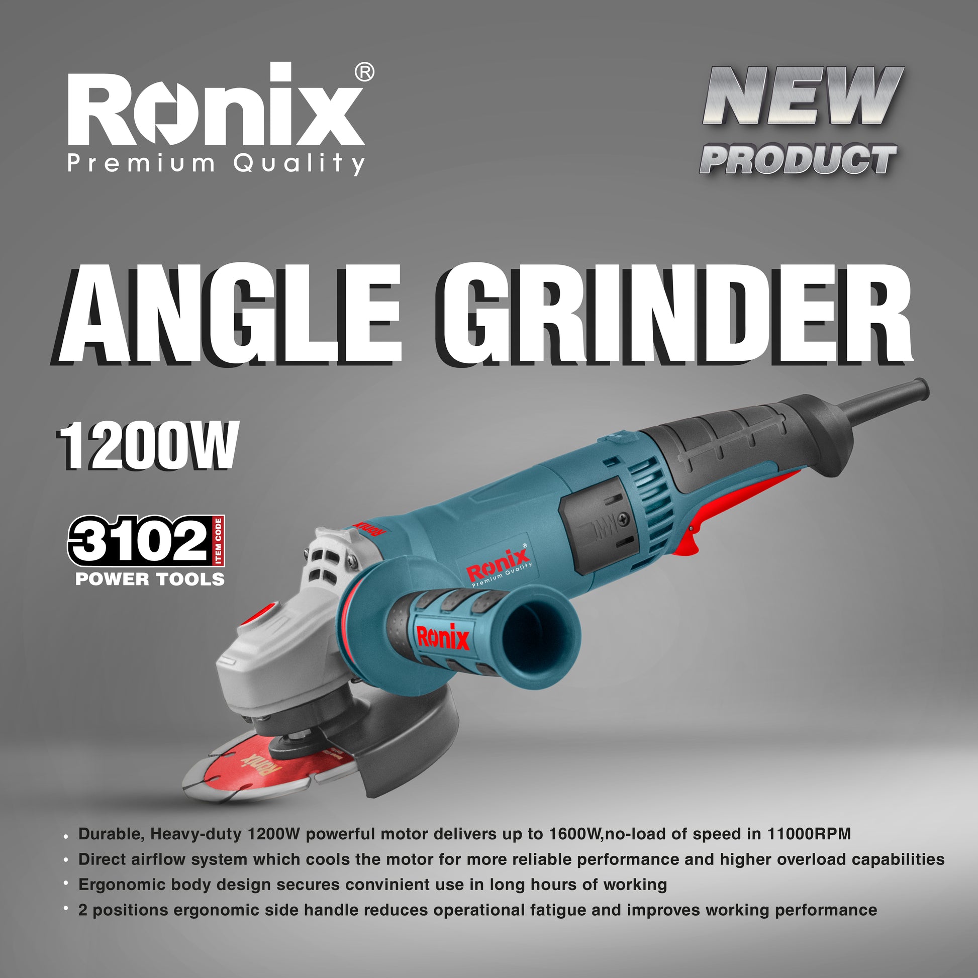 Mini Angle Grinder 1200W — Ronix tool view 2 | Authorized distributor KSA